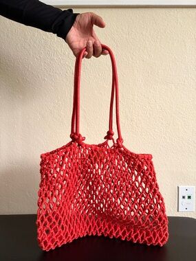 Red Knotted Mesh Tote Bag with Double Loop Handles
